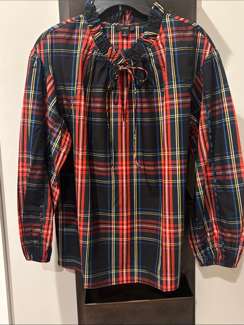 J. Crew Red Black Blue Yellow Tartan Ruffle-Neck Blouse